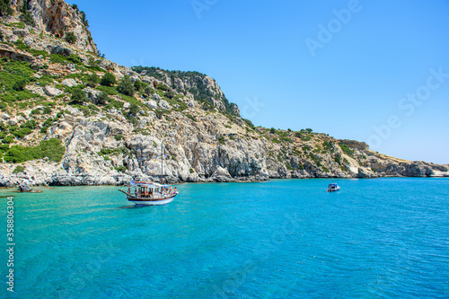 Boat trip in Mediteranean sea near coast of island of Rhodes (Rhodes, Greece)