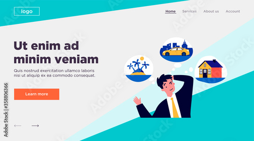Young man thinking about new house, car and trip flat vector illustration. Businessman dreaming for material benefits. Wealth, business and abundance concept.