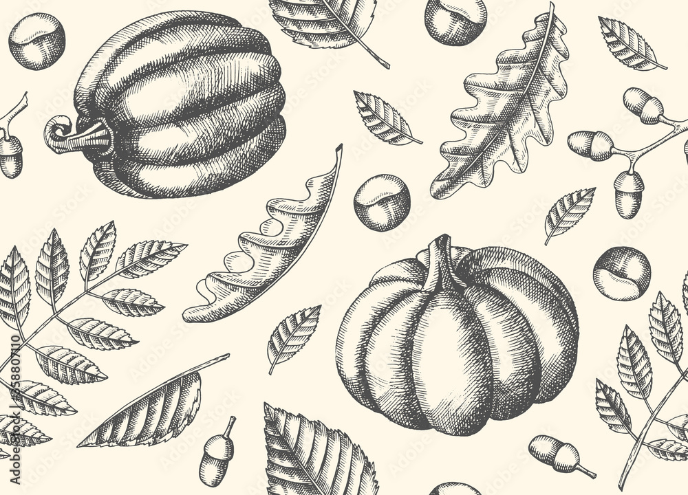 Autumn seamless pattern with  Hand drawn leaves and pumpkins. Leaves of maple, birch, chestnut, acorn, ash tree, oak. Sketch.  For wallpaper, web page background