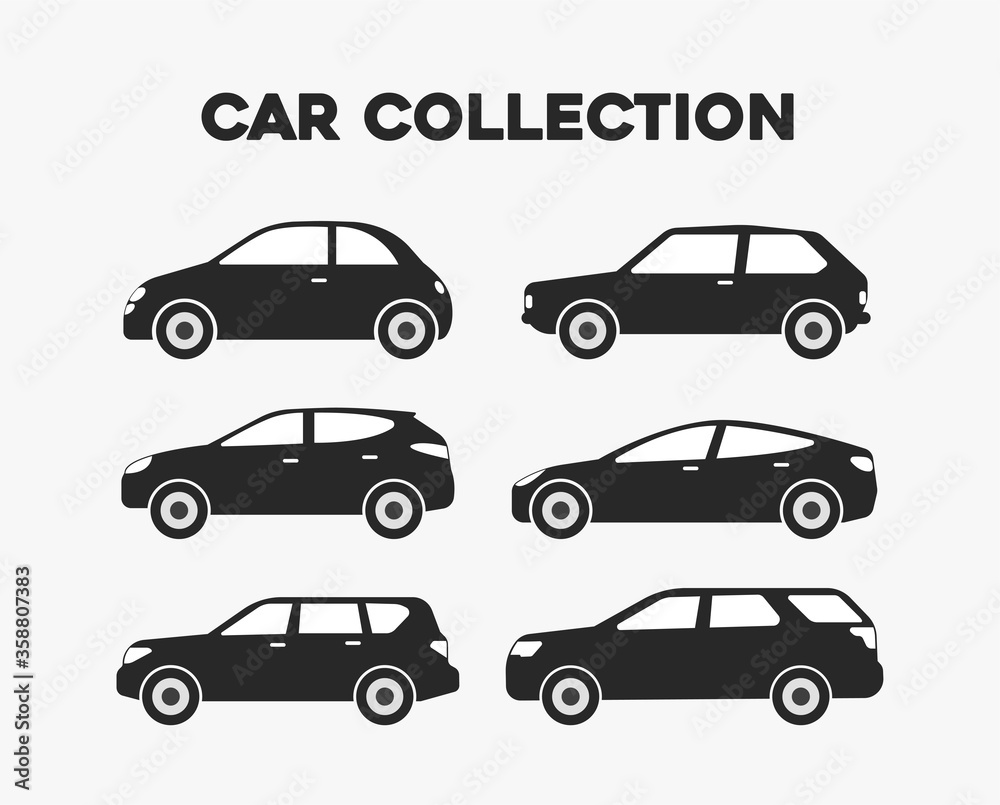 Set of black modern shapes and icon of Cars. Vector illustration