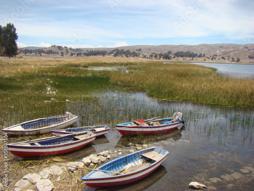 Fisheroat on Peninsula Capachica near Ticonata Island  Lake Titicaca  Puno  Peru 