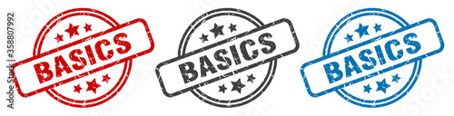 basics stamp. basics round isolated sign. basics label set
