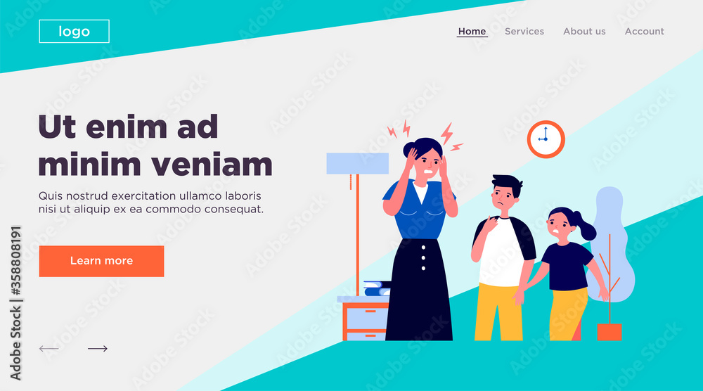 Young mother tired of migraine. Cartoon children worried about mom flat vector illustration. Depression and headache concept for banner, website design or landing web page