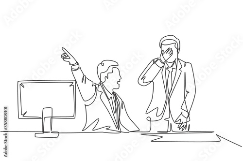 Single continuous line drawing of young angry manager yelling and drive away his crying male staff out of the room. Job office dismissal concept one line draw design graphic vector illustration