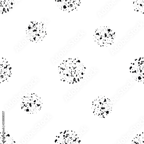 Abstract moon crater vector seamless pattern background. Black and white backdrop with scattered grunge style meteor imprints. Flecked painterly circles repeat for lunar outer space concept.