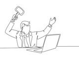 Single continuous line drawing of young madness businessman ready to smack his laptop using big hammer at the office. Business risk concept one line draw graphic design vector illustration