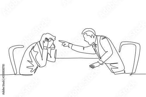 One single line drawing of young furious manager pointing finger to his frustrated staff and blaming the staff about bad work performance concept. Continuous line draw design vector illustration