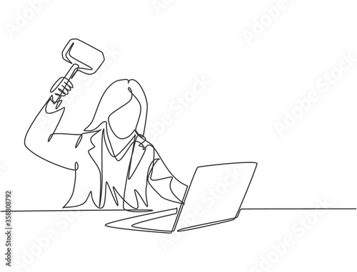 Single continuous line drawing of young rage businesswoman ready to smack her laptop using big hammer at the office. Business risk concept one line draw design vector graphic illustration