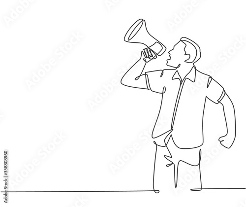 Single continuous line drawing of young eagerness businessman shouting loudly using megaphone to train his speak. Public speaking practice concept one line draw design vector graphic illustration
