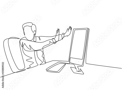 One continuous line drawing of young frightened businessman keep of himself from monitor computer because of traumatize. Work psychological concept single line draw design graphic vector illustration