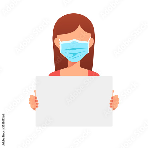 Young female doctor in medical mask protesting banner, vector illustration isolated on white background. Pandemic protest concept.