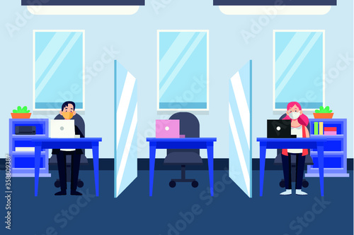 Social distancing at office workstation. Employees are working together on desk with maintaining distance for covid 19 virus. Vector illustration of workstation signage