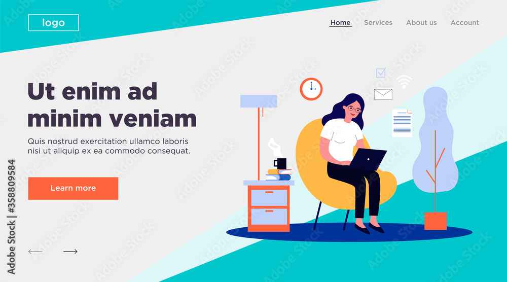 Woman with laptop working at home. Female freelancer sitting in armchair and using computer. Flat vector illustration for home office, cozy interior, communication concept Woman with laptop working at home. Female freelancer sitting in armchair and using computer. Flat vector illustration for home office, cozy interior, communication concept
