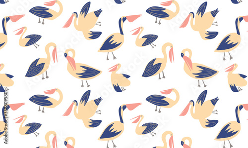 Fototapeta Naklejka Na Ścianę i Meble -  Vibrant pelican seamless pattern, large birds seamless pattern