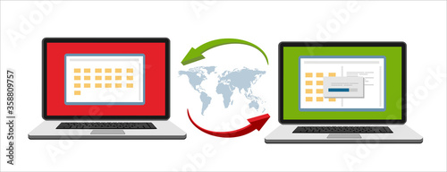 File transfer. Two laptops with document on screen and transferred documents. Copy files, data exchange, backup, PC migration, file sharing concepts. Flat design graphic elements. Vector illustration