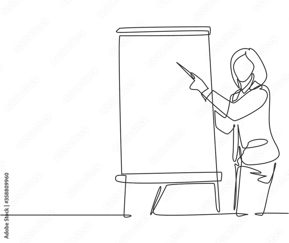 One single line drawing of young female presenter teaching how to do effective presentation. Productive presentation at the office concept continuous line draw design vector graphic illustration One single line drawing of young female presenter teaching how to do effective presentation. Productive presentation at the office concept continuous line draw design vector graphic illustration