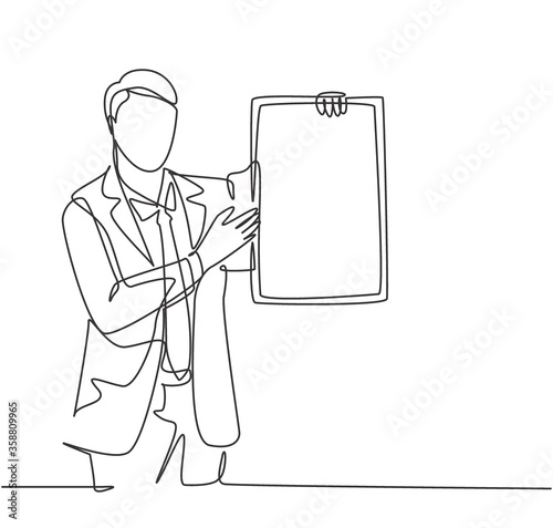 Single continuous line drawing of young presenter giving instruction using little blackboard while meeting at the office. Work presentation concept one line draw design graphic vector illustration