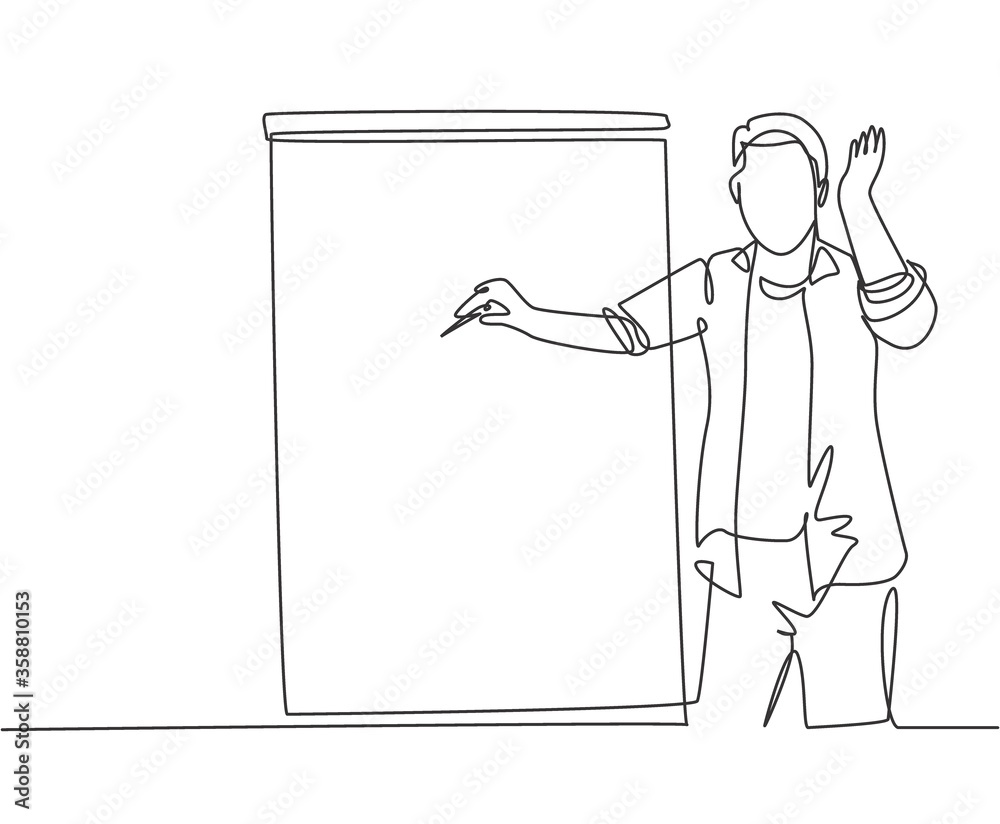 One continuous line drawing of young presenter pointing finger on audience who want to ask while doing presentation. Workshop presentation concept single line draw design graphic vector illustration
