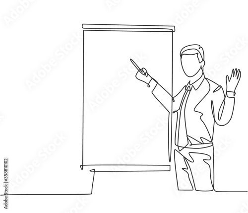 Single continuous line drawing of young business manager giving lecture to apprentice during work meeting. Work presentation at the office concept one line draw design graphic vector illustration