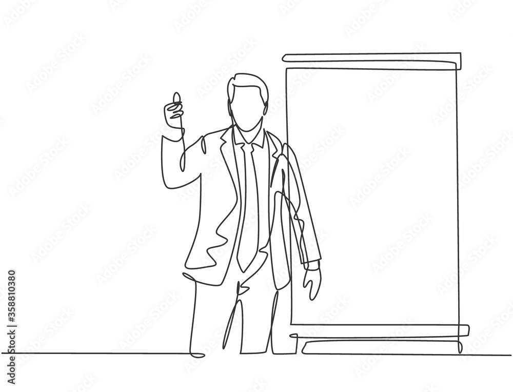 One continuous line drawing of young presenter giving thumbs up gesture to the audience while meeting. Business presentation at the office concept single line draw design vector illustration One continuous line drawing of young presenter giving thumbs up gesture to the audience while meeting. Business presentation at the office concept single line draw design vector illustration