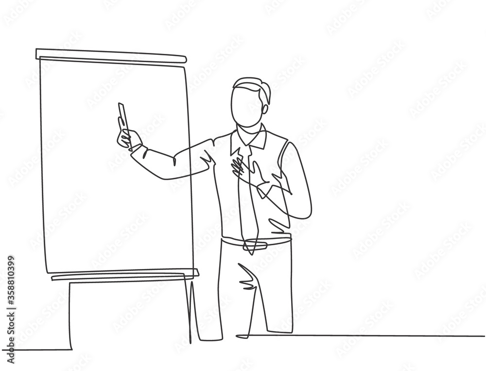 One single line drawing of young presenter explaining business strategy during team meeting. Effective training presentation for work office concept continuous line draw design vector illustration One single line drawing of young presenter explaining business strategy during team meeting. Effective training presentation for work office concept continuous line draw design vector illustration