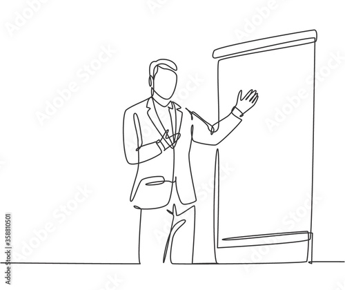 Single continuous line drawing of presenter present product technology innovation to his colleagues at office. Work strategic planing presentation concept one line draw design vector illustration