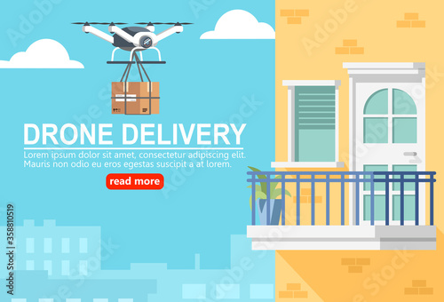 Safe Contactless Delivery concept. Drone with parcel box fly to Customer at balcony home.Social Distancing, New Normal, Coronavirus Epidemic.Vector illustration flat design for banner, and background.