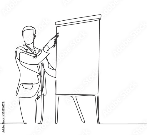 One single line drawing of young happy startup founder presenting business proposal to the investors. Business presentation at the office concept continuous line graphic draw design illustration