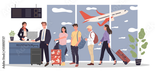 Line of passengers at airport registration desk. Queue of travelers waiting for check in to their flight. illustration for travel, vacation, departure, boarding concept