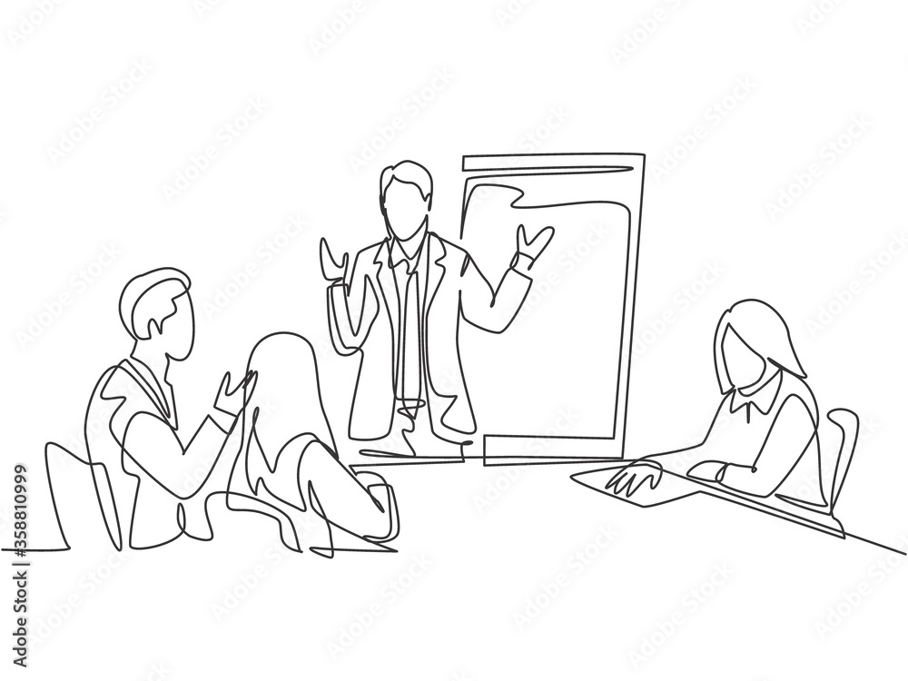 One single line drawing of young businessman giving business coaching to class members at the office. Group training and meeting concept continuous line draw design vector illustration graphic