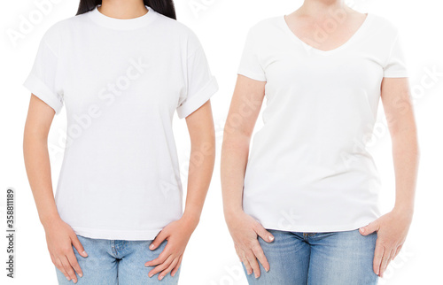 Woman white t shirt mockup, set empty blank tshirt, girl in blank t-shirt copy space, White tshirt isolated on white background collage or set