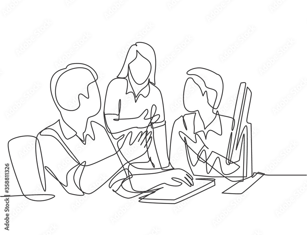 One continuous line drawing of young businessmen discussing new product launch during team meeting. Business innovation discussion concept. Modern single line draw design graphic vector illustration