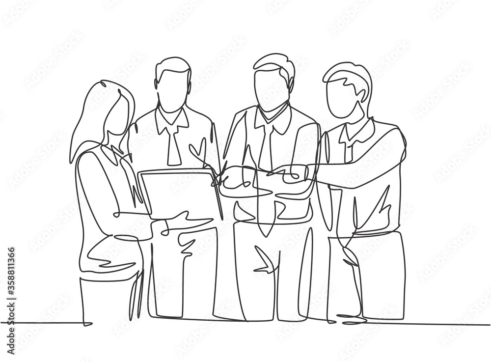 One continuous line drawing of young happy male and female workers standing and discussing project at meeting room. Work discussion at the office concept single line draw design vector illustration