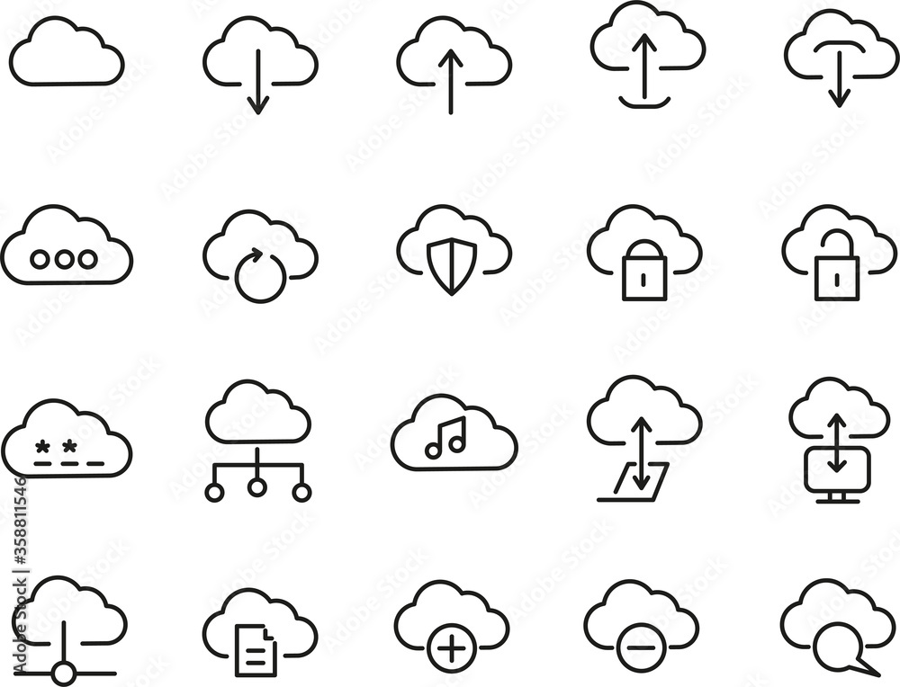 Simple Set of Computer Cloud Related Vector Line Icons. Contains such Icons as Data Synchronisation, Transfer, Cloud Save, Download and more.