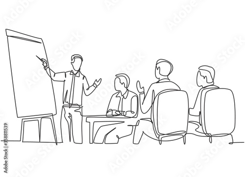 One continuous line drawing of happy trainer teaching lifeskill and interpersonal skill lessons to the young CEOs. Business training and meeting concept single line draw design vector illustration photo
