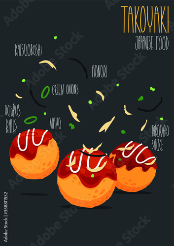 Japanese food Takoyaki. Octopus balls. Vector illustration photo