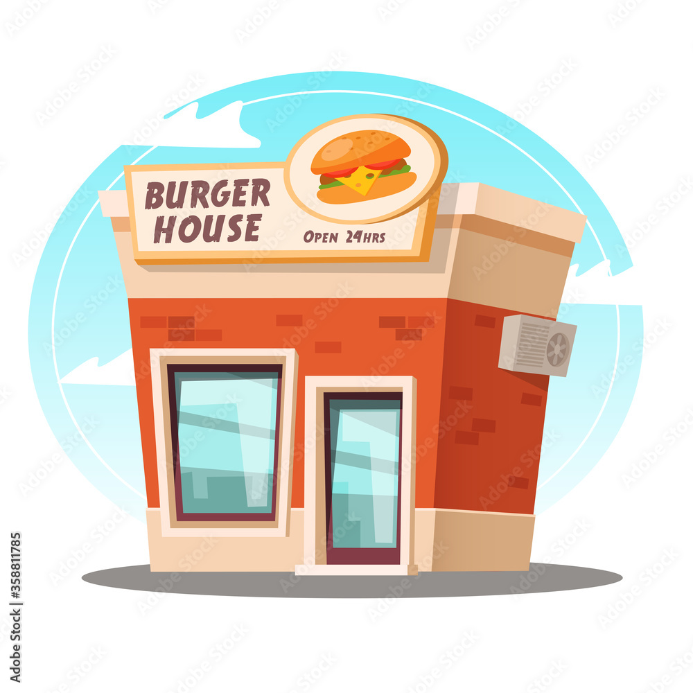 Fast food diner restaurant, burger house,burger shop. Cartoon illustration  of fast food restaurant. Stock Vector | Adobe Stock