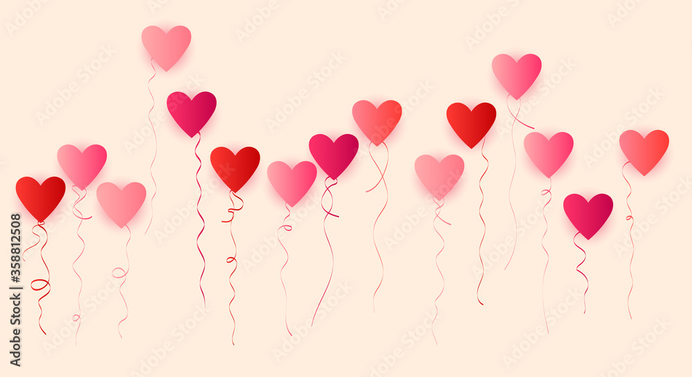 Red pink heart shaped flying balloons vector illustration.