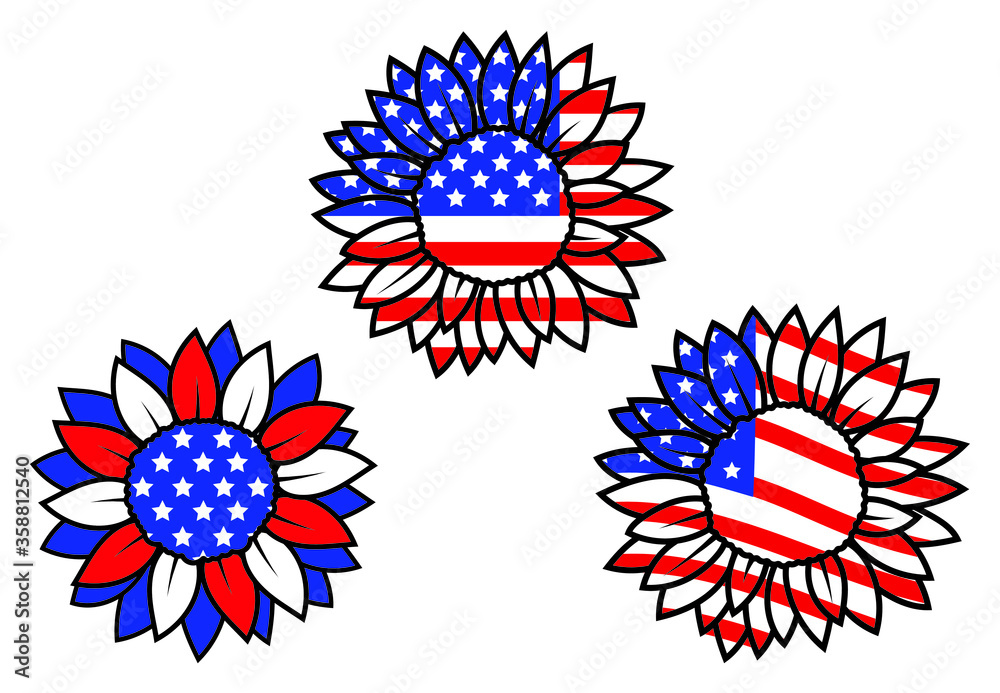 Set of national flag of flowers. Collection of sunflowers with USA flag