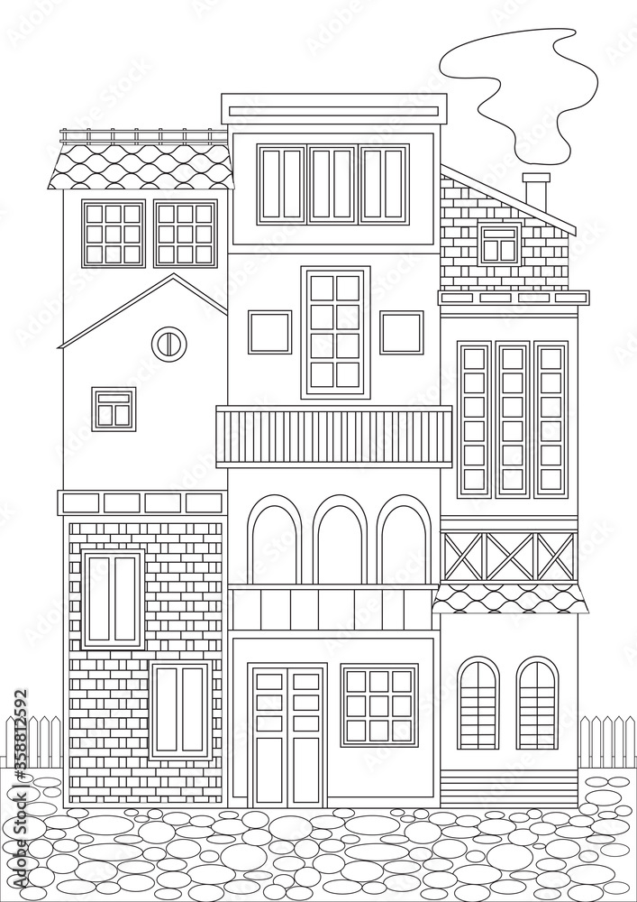 Coloring page with cute multi-tiered houses as a concept of European architecture, outline vector stock illustration for print in coloring