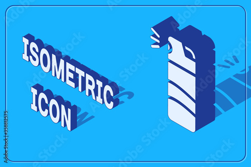 Isometric Pepper spray icon isolated on blue background. OC gas. Capsicum self defense aerosol.  Vector