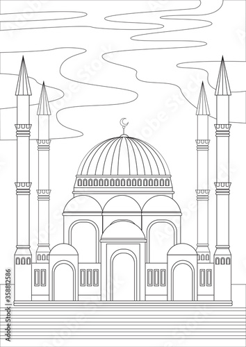 Coloring page with islamic mosque as a concept of oriental architecture, outline vector stock vector illustration as anti stress therapy