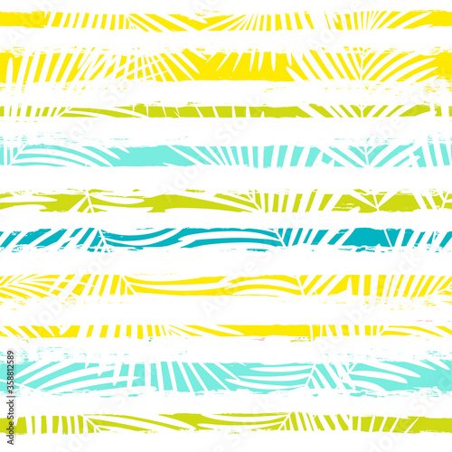 Tropical pattern, summer palm leaves seamless vector floral background. Exotic plant on stripes. spring nature jungle print. Leaves of palm tree on paint lines.