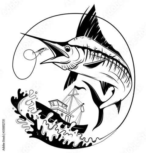Illustration of fishing on marlin. The swordfish on the waves with a fishing rod on the background of the boat. Fish logo. Sports hobby. Emblem for fishing clubs.