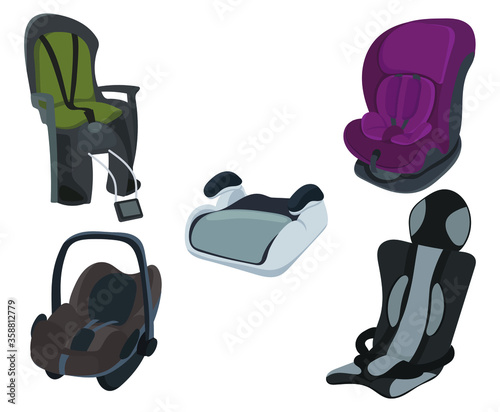 Set of cartoon baby car seats. Collection of chairs for the safe transportation of kids. Set of safety seats suitable for different weight and size. Colorful illustration for a children store.