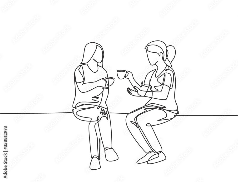 Single continuous line drawing of two young female worker have a casual chat over drink coffee during office break. Having small talk at work concept one line draw graphic design vector illustration