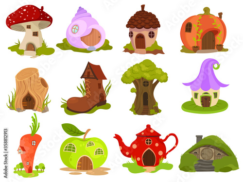 Set of fairytale houses. Collection of cartoon houses in the shape of pumpkins, teapots, boots or mushrooms. Colorful illustration of housing for fairytale characters. Drawing with kids.