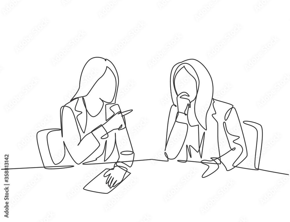 One continuous line drawing of two young happy business woman discussing project contract together during meeting. Business deal concept. Modern single line draw design graphic vector illustration One continuous line drawing of two young happy business woman discussing project contract together during meeting. Business deal concept. Modern single line draw design graphic vector illustration