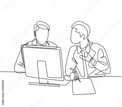 Single continuous line drawing of two young happy business owner discussing product innovation with partner. Brainstorming during business meeting concept one line draw design vector illustration