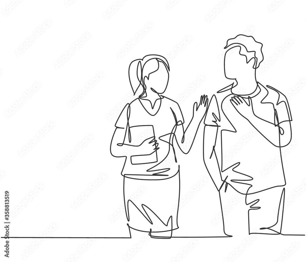 One continuous line drawing of young happy male and female couple take a talk and walk after course. Romantic lover relationship concept. Modern single line draw design vector illustration graphic